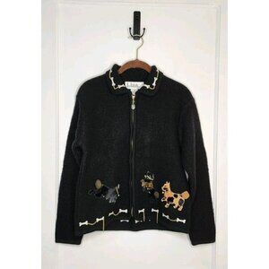 Cute 90s Boiled Wool Full Zip Cardigan Dogs Bones Lisa International Sz Petite M